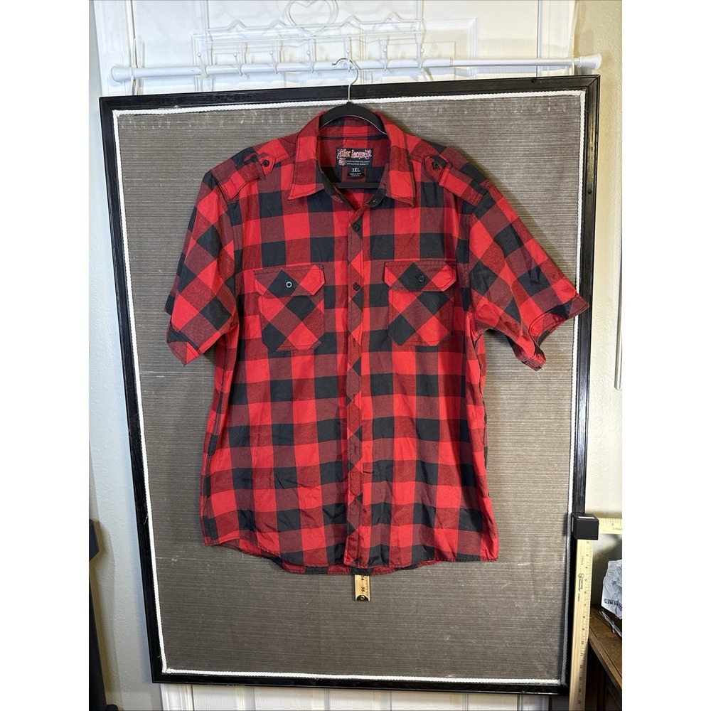 Blac Lacquer Shirt Men's 3XL Red Black Plaid Short Sleeve Pockets Shoulder Tabs